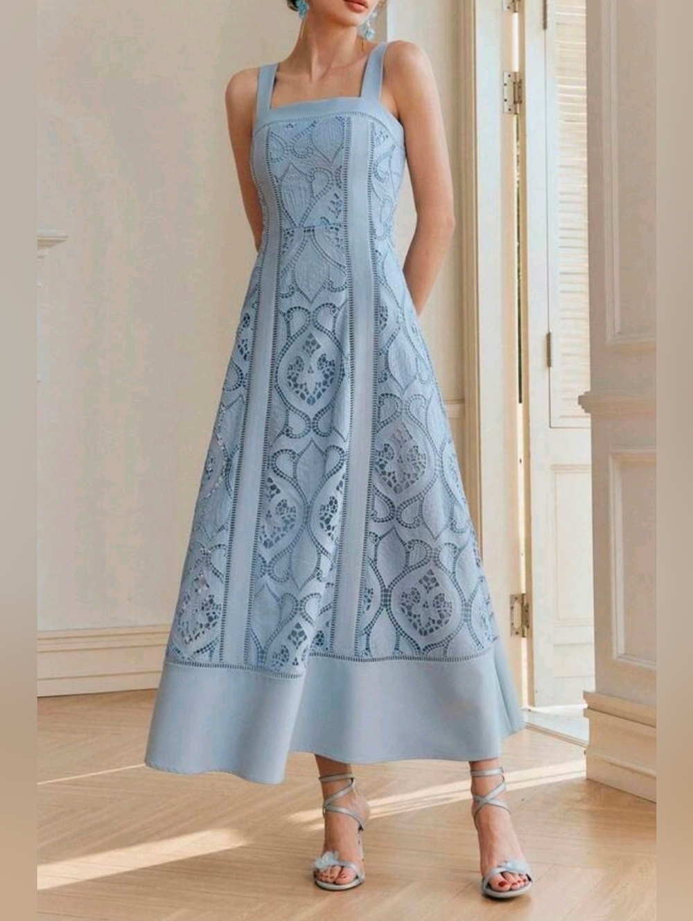 New Luxe Embroidered Lace Contrast Panel Cami Midi Dress Light Blue